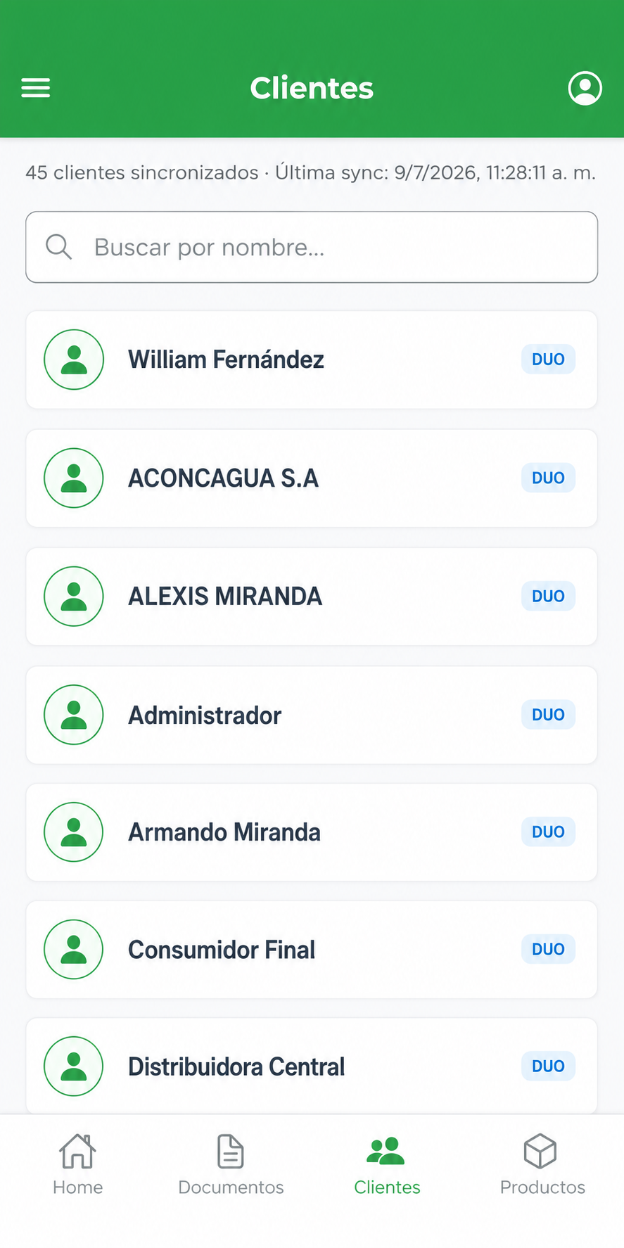 Listado de clientes sincronizados en Duo Lite