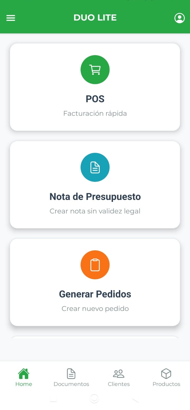 Menú principal de Duo Lite: POS, Nota de Presupuesto y Generar Pedidos
